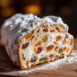 A close-up cross-section of a rich Stollen bread, loaded with dried fruit and covered in thick powdered sugar.