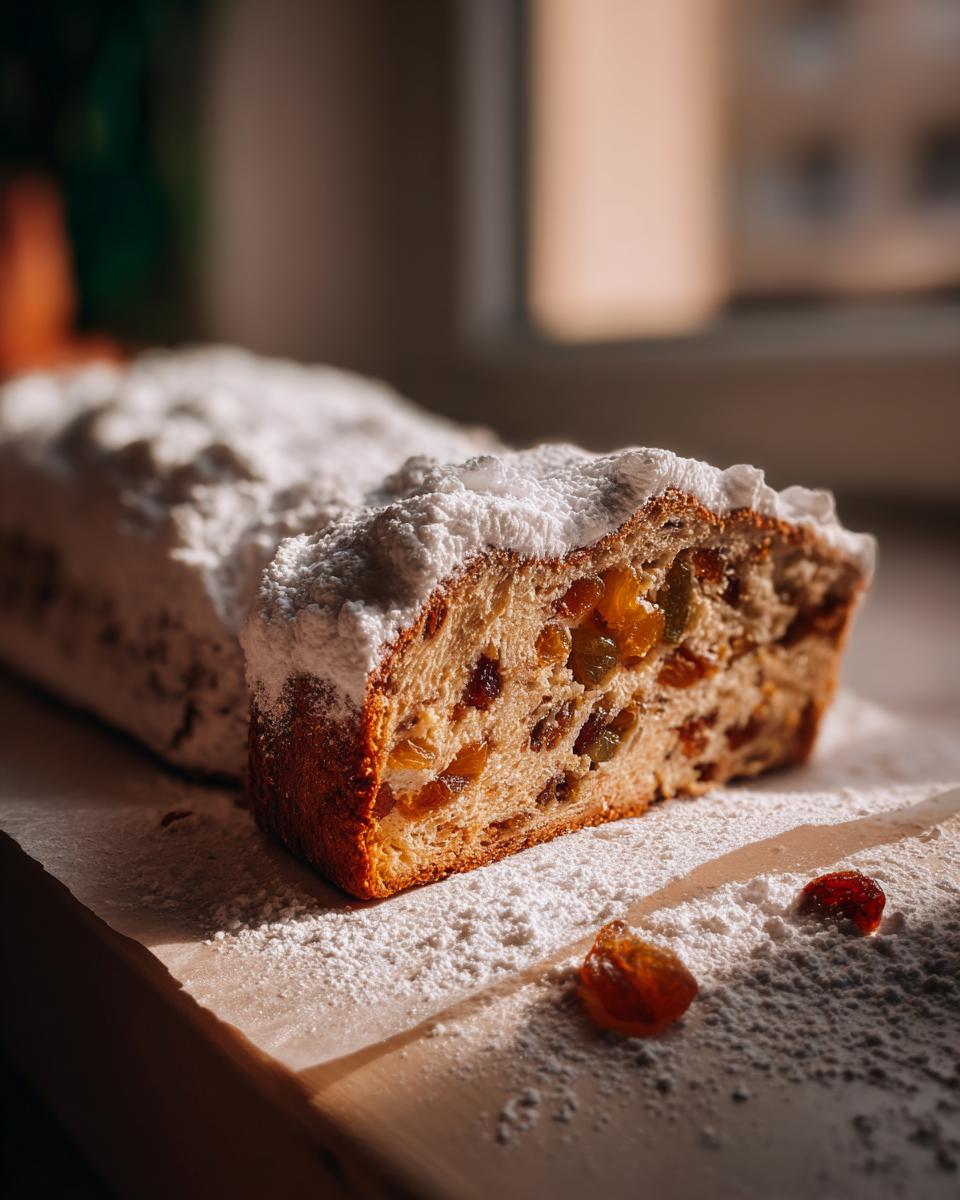 A close-up, cross-section view of a rich, fruit-filled Stollen dusted heavily with powdered sugar.