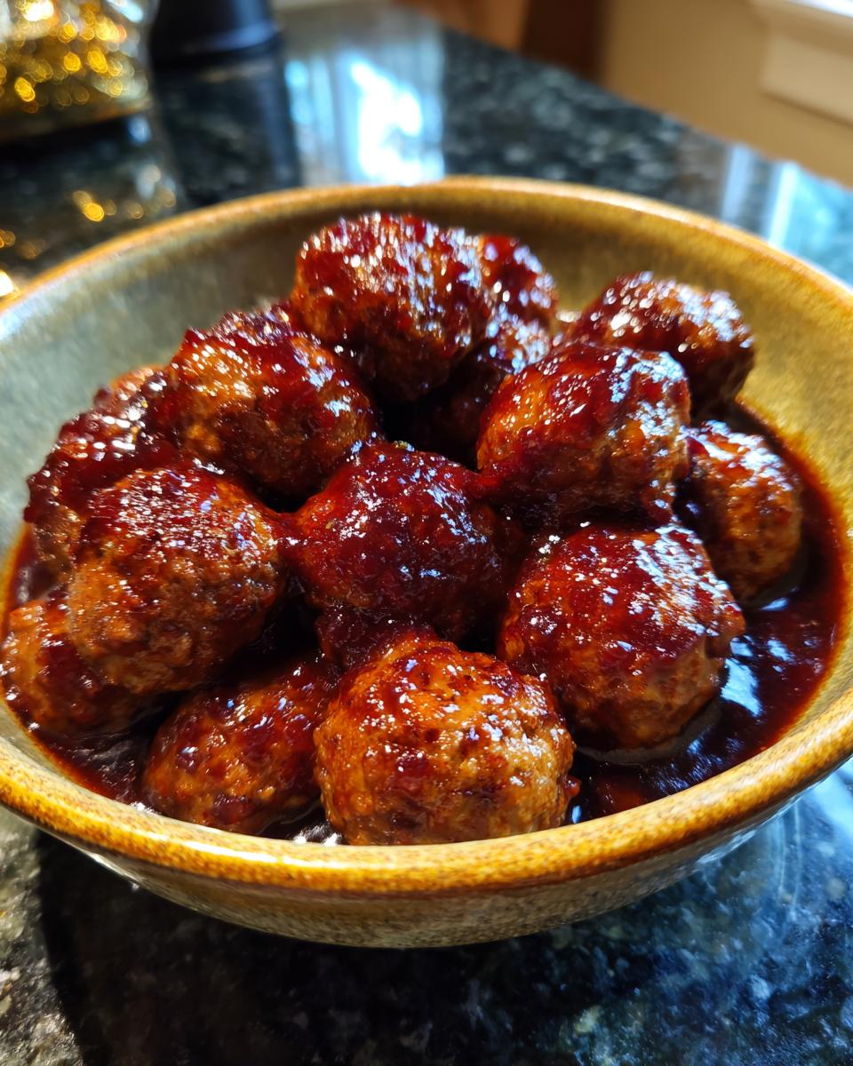 A close-up of a bowl filled with glistening cocktail meatballs coated in a rich, dark glaze.