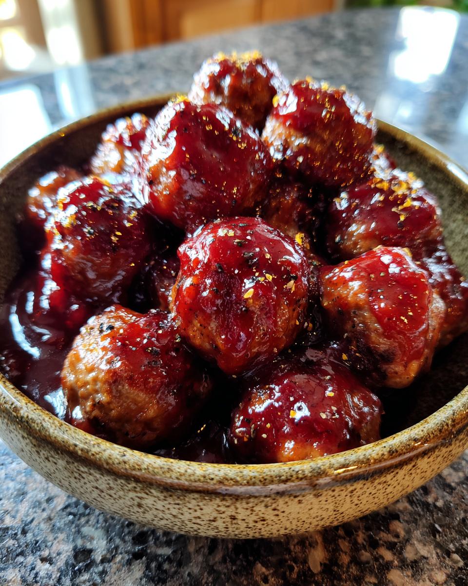 Close-up of a bowl filled with glistening cocktail meatballs coated in a rich, dark glaze, sprinkled with seasoning.