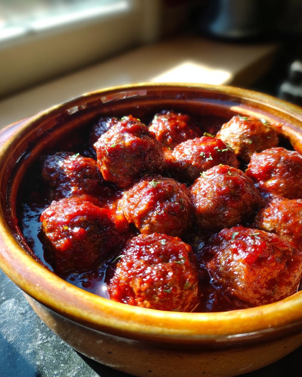 A close-up of a bowl filled with glistening cocktail meatballs in a rich, savory sauce, garnished with herbs.
