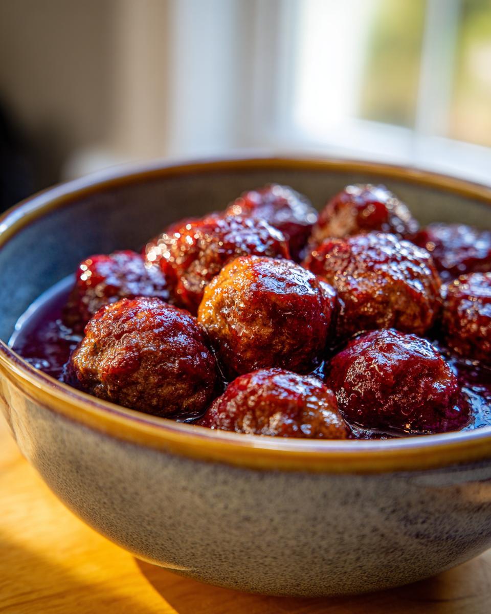 A close-up shot of a bowl filled with glossy, saucy cocktail meatballs.