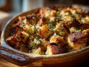 Close-up of a rustic bowl filled with golden brown, herb-flecked stuffing, showcasing toasted bread cubes.