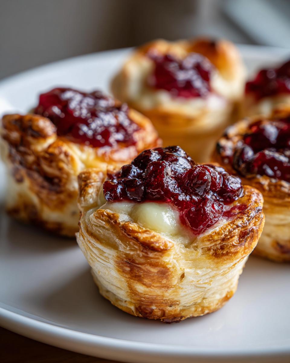 Close-up of flaky pastry cups filled with melted brie and topped with dark red cranberry sauce, showcasing delicious cranberry brie bites.