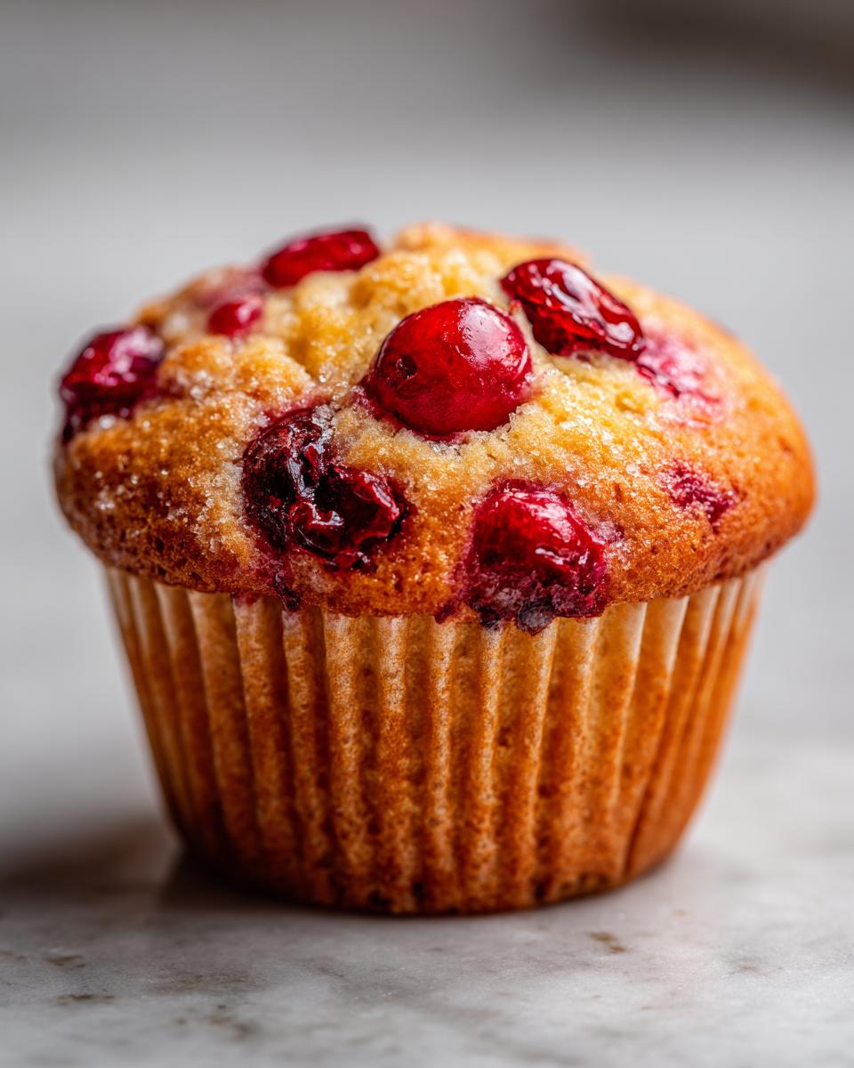 Close-up of a golden-brown Cranberry Muffin topped with whole cranberries and a sprinkle of sugar.