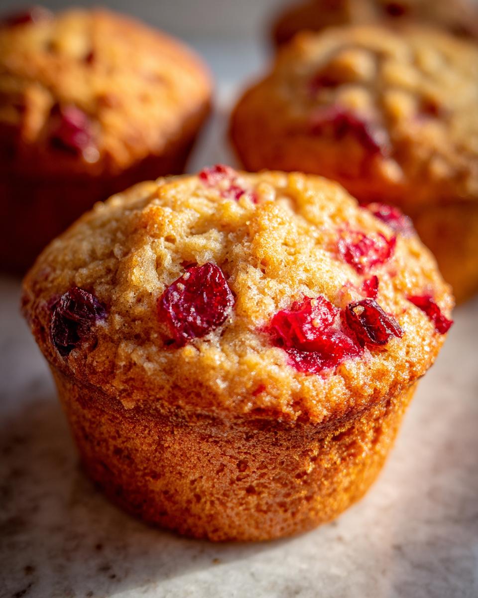 Close-up of a golden-brown cranberry muffin, studded with bright red cranberries.