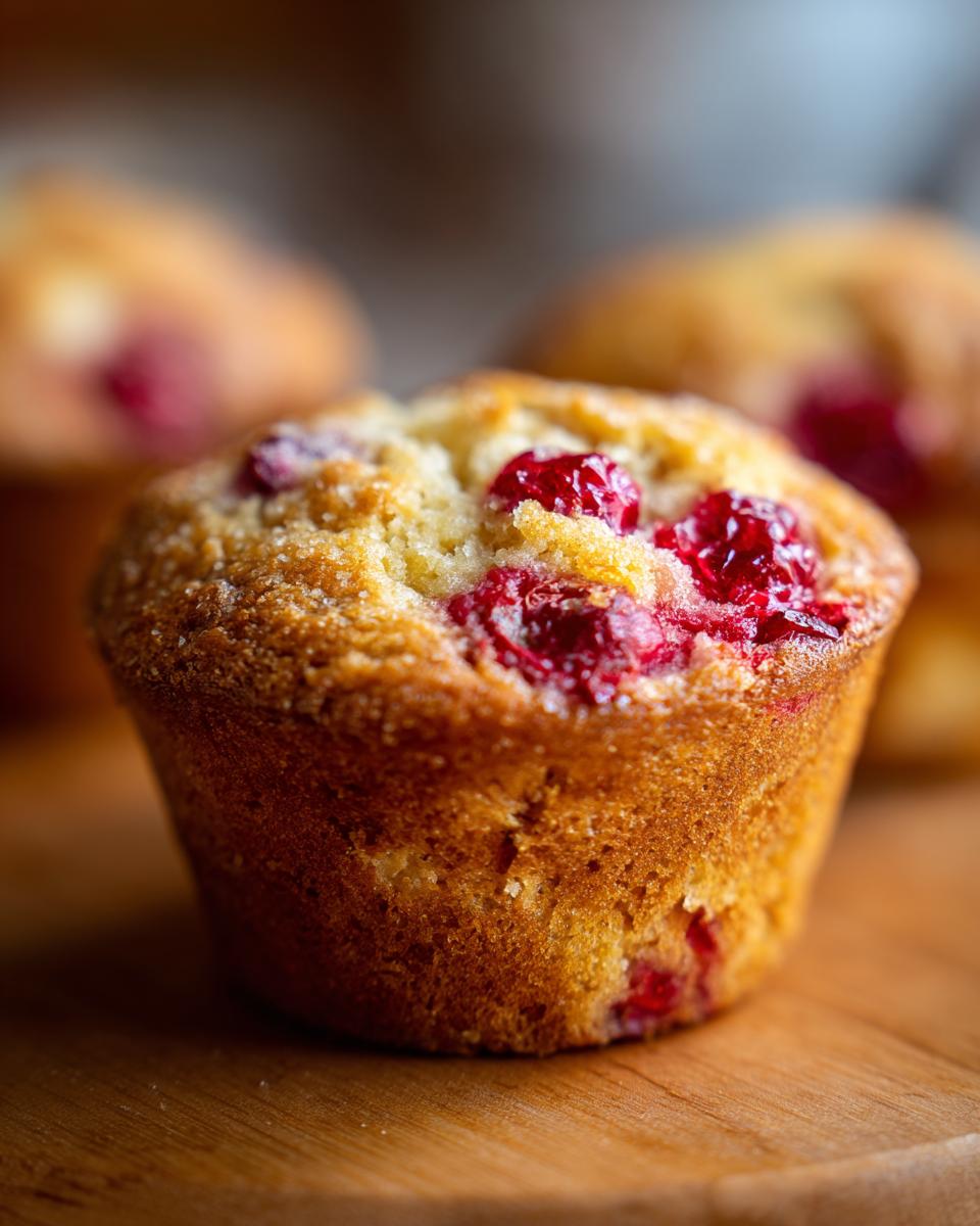 Close-up of a golden-brown cranberry muffin studded with bright red cranberries.