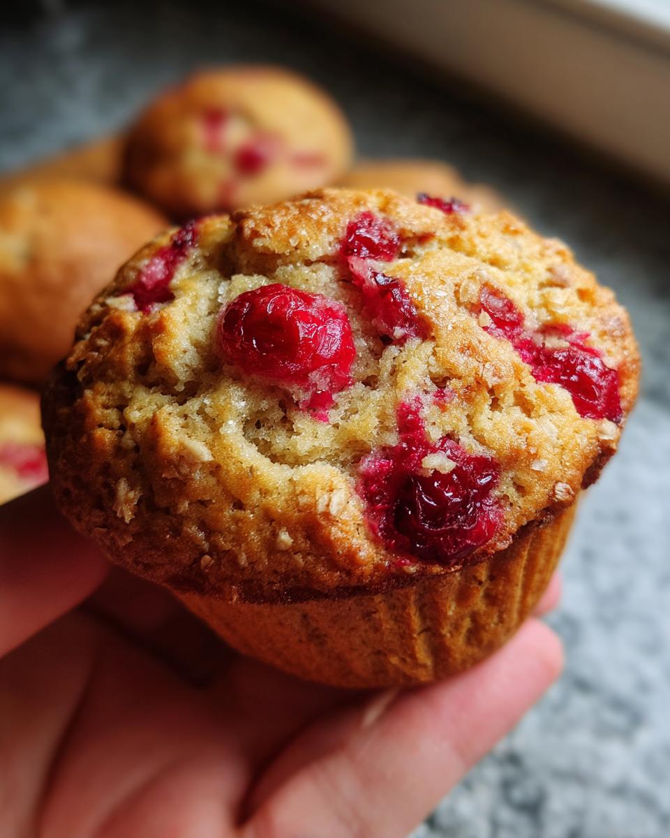 A hand holding a freshly baked cranberry muffin, with more muffins blurred in the background.
