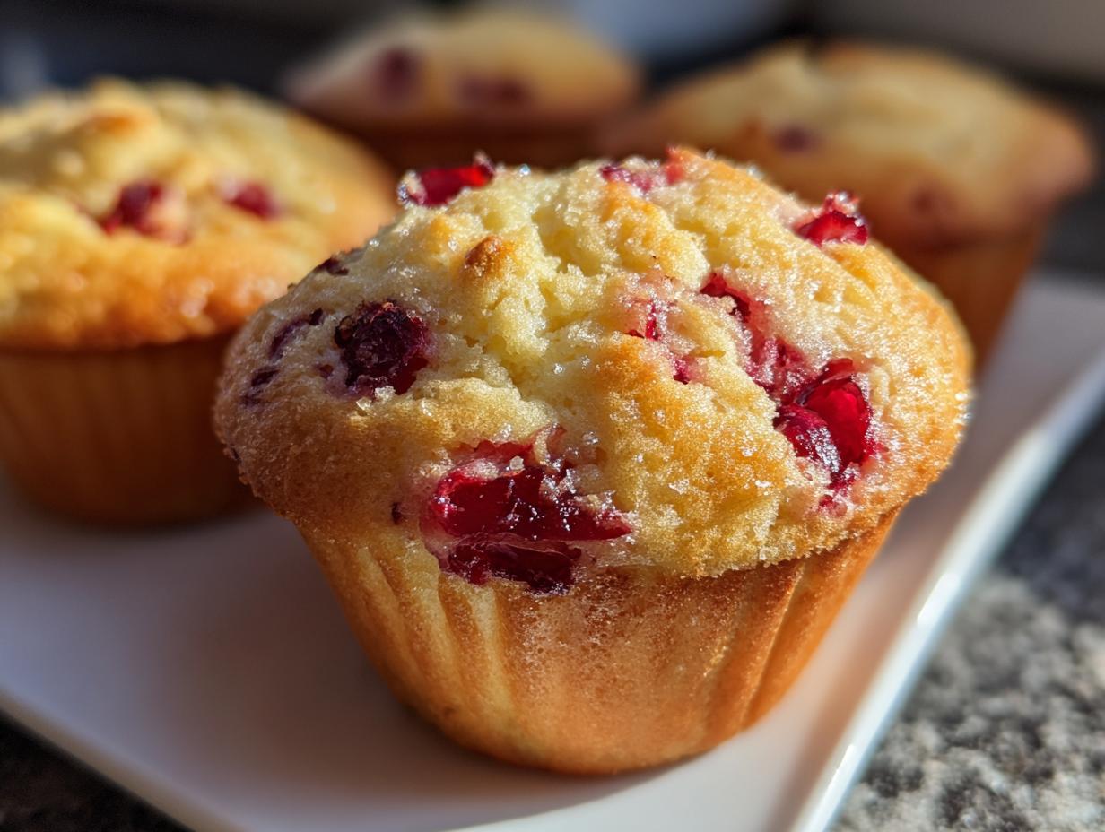 Close-up of a golden-brown cranberry muffin, studded with bright red cranberries, on a white plate.