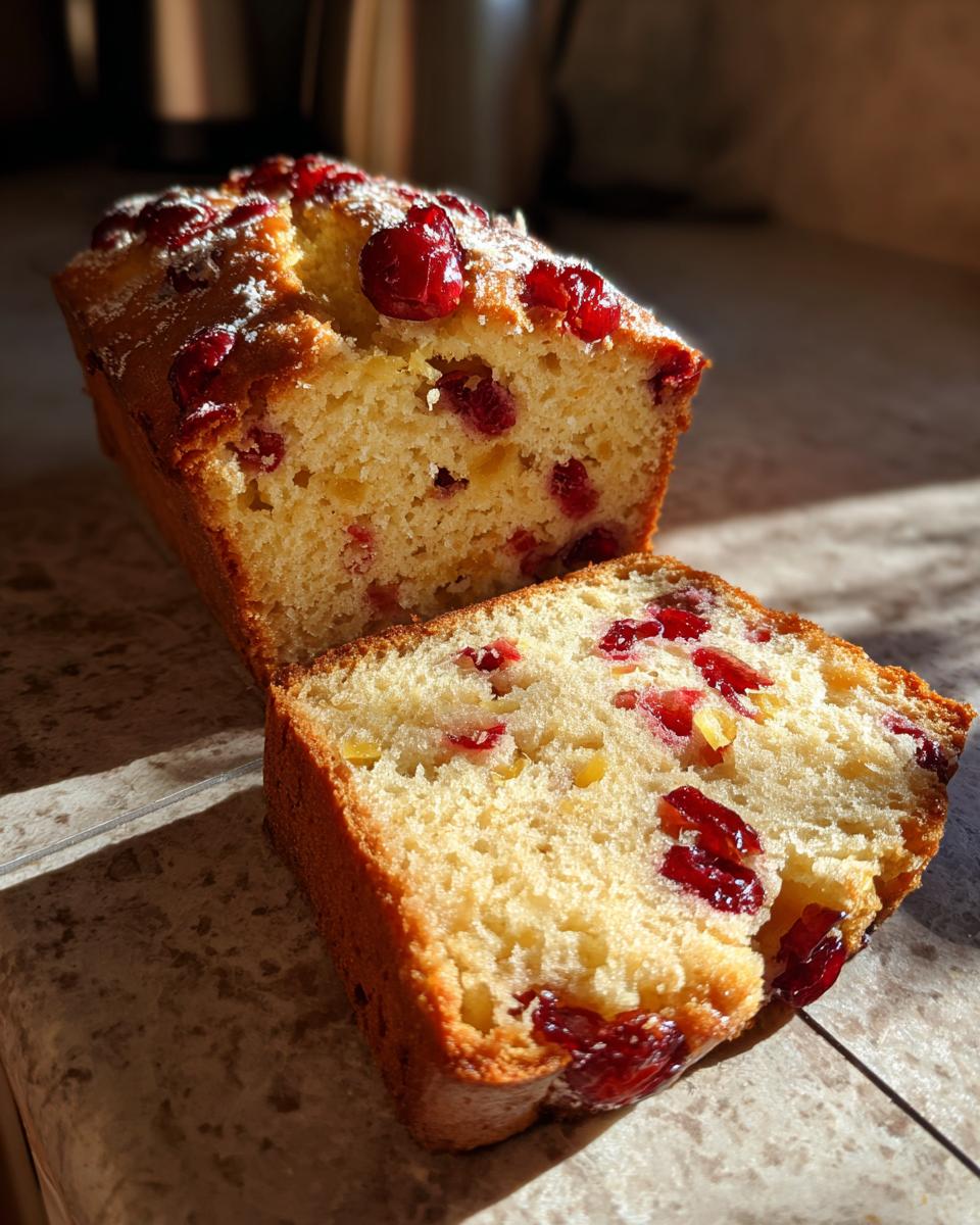 Close-up of a sliced Cranberry Orange Bread loaf, showcasing vibrant cranberries and citrus zest.