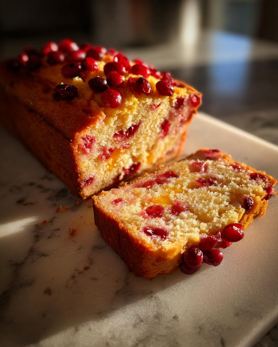 A loaf of Cranberry Orange Bread with a slice cut, topped with fresh cranberries.