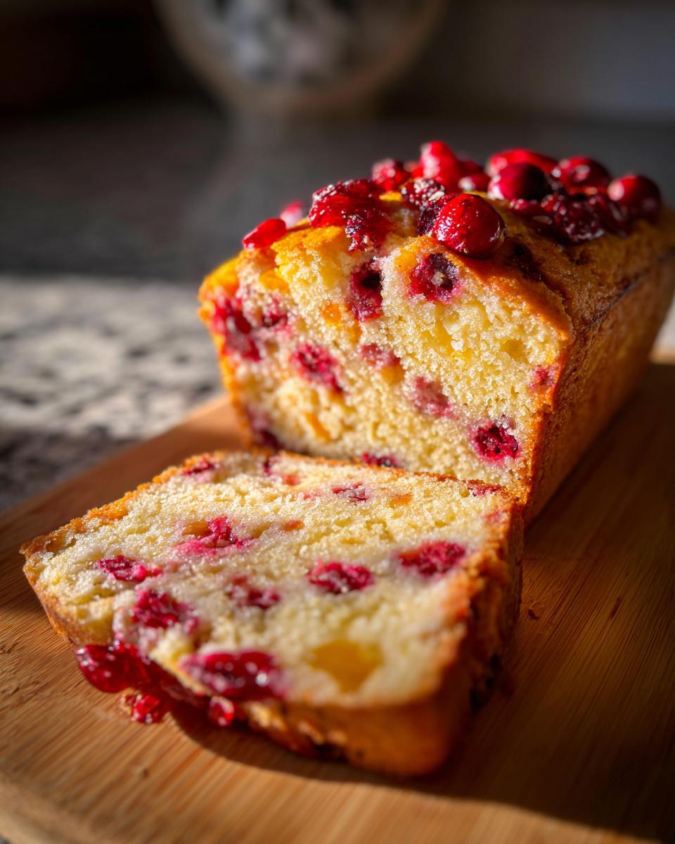 A close-up of a sliced Cranberry Orange Bread loaf, showcasing vibrant red cranberries throughout the moist crumb.