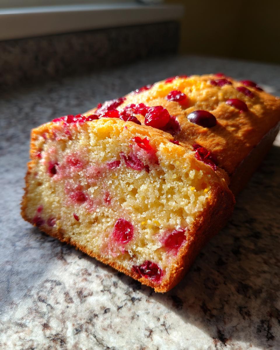 A close-up of a slice of moist Cranberry Orange Bread, showcasing vibrant red cranberries baked into the golden crumb.