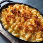 Close-up of a cast-iron skillet filled with creamy baked mac and cheese, topped with golden-brown breadcrumbs.