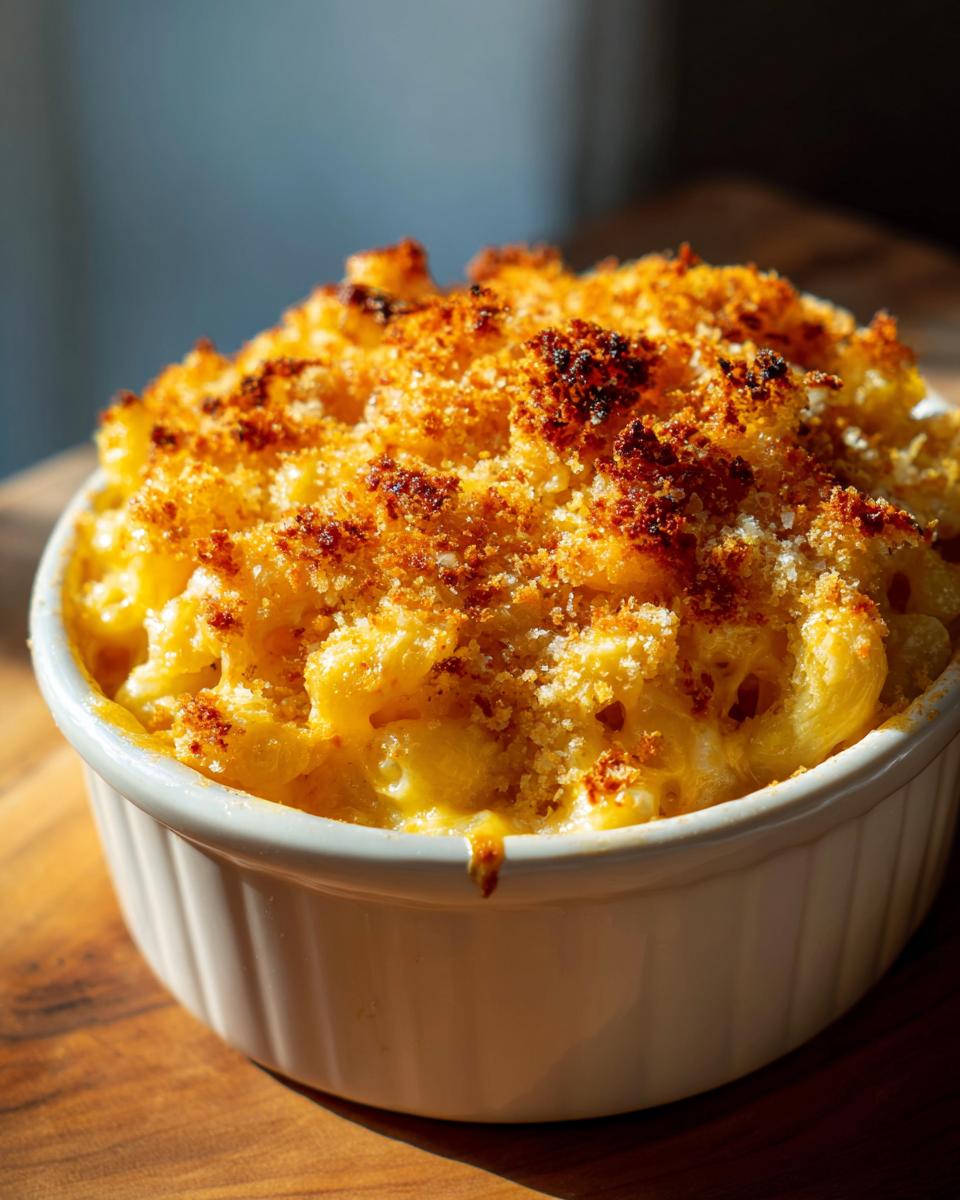 Close-up of a white ramekin filled with creamy baked Mac and Cheese, topped with golden-brown toasted breadcrumbs.