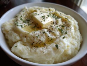 A close-up of creamy cauliflower mash topped with a pat of butter, melted butter, black pepper, and fresh herbs.