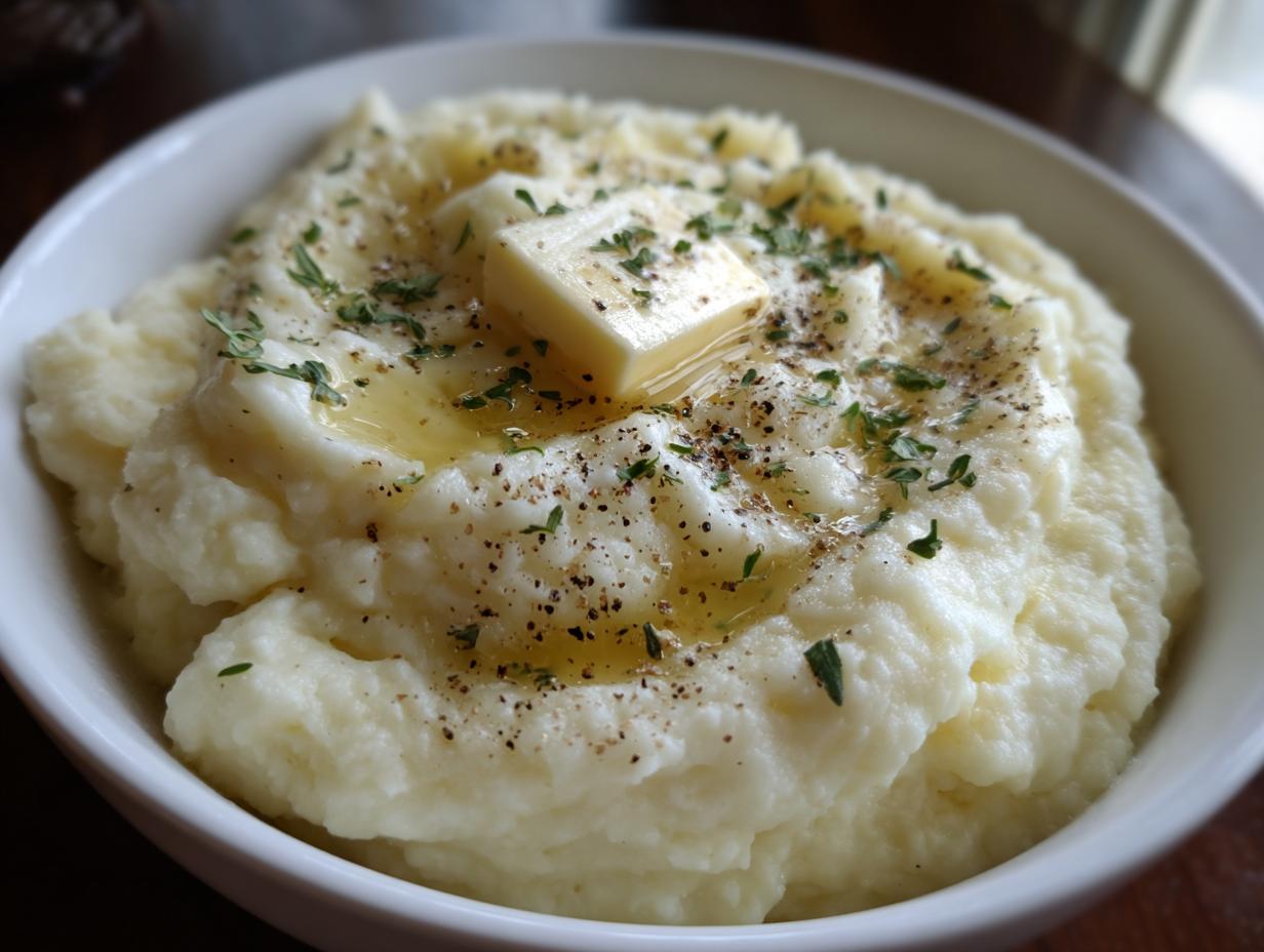 A close-up of creamy cauliflower mash topped with a pat of butter, melted butter, black pepper, and fresh herbs.
