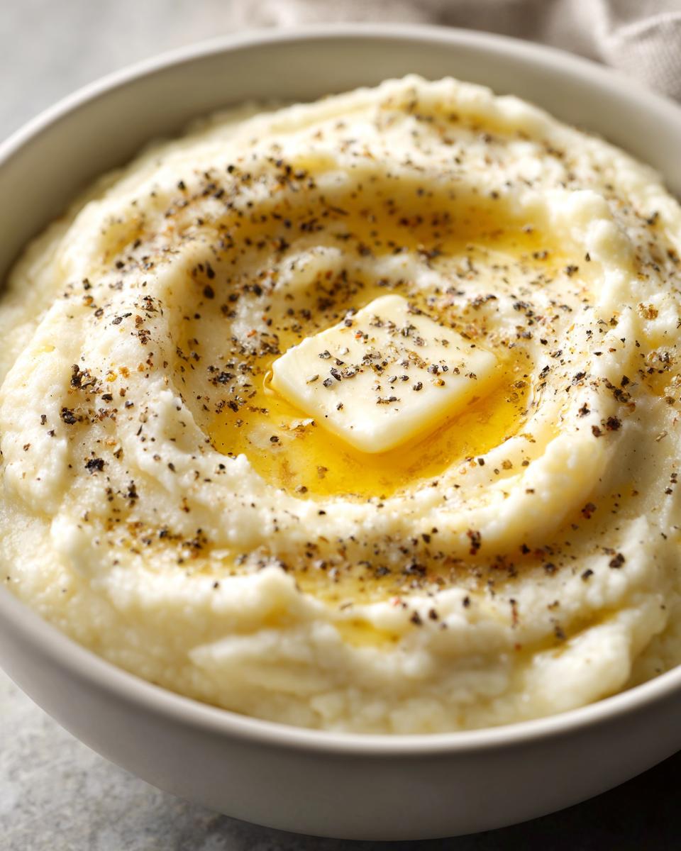 A close-up of creamy cauliflower mash topped with a pat of melting butter and cracked black pepper.