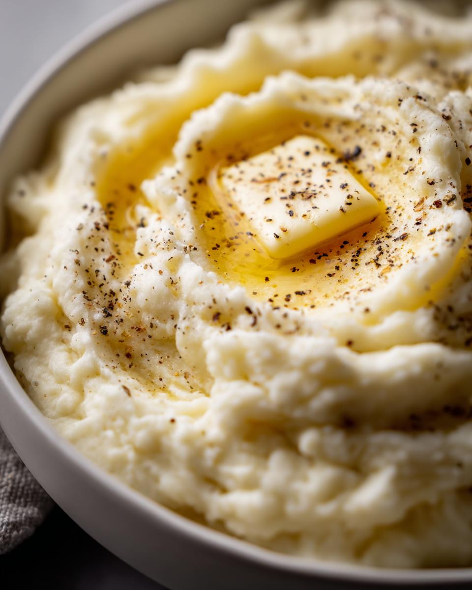 Close-up of fluffy cauliflower mash topped with a melting pat of butter and cracked black pepper.