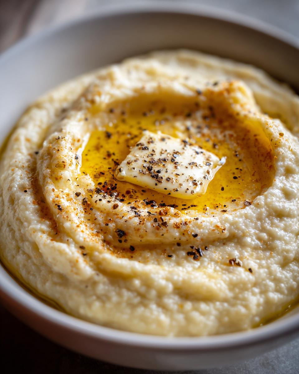 A close-up of creamy cauliflower mash topped with a pat of butter and cracked black pepper.