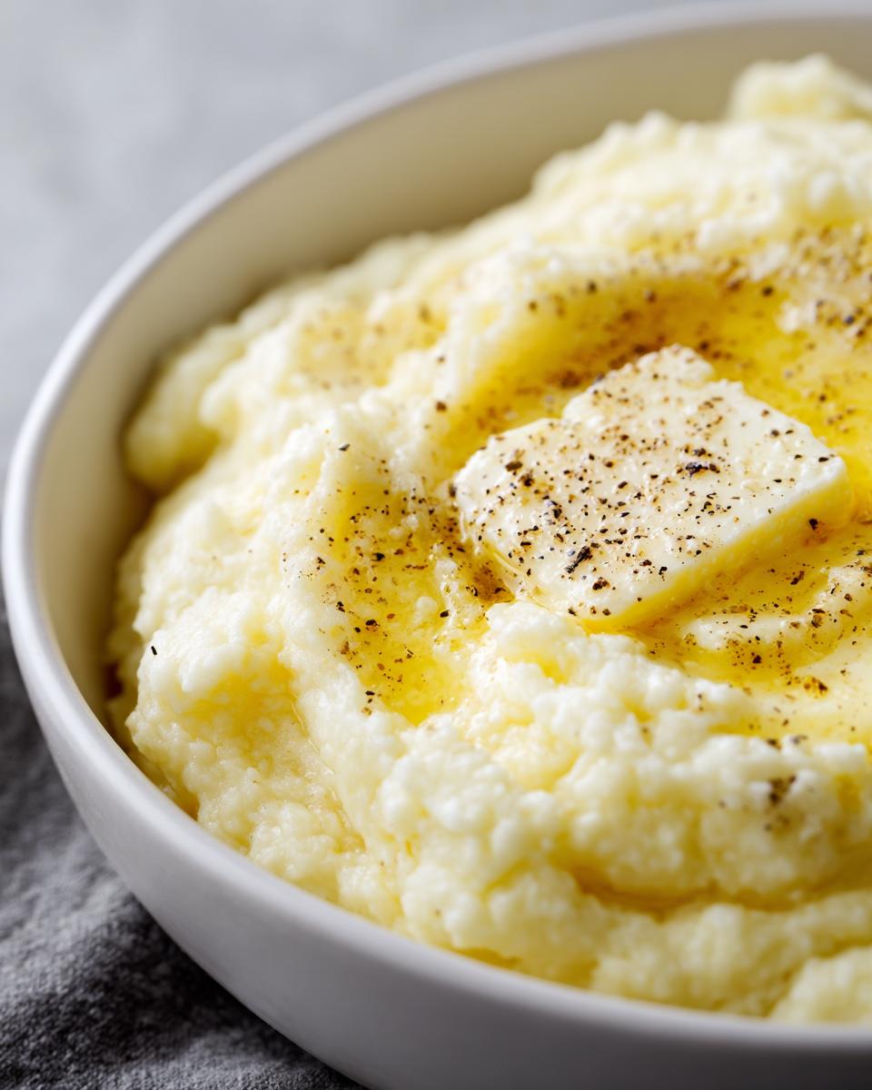 Close-up of a white bowl filled with creamy cauliflower mash topped with a pat of butter and black pepper.
