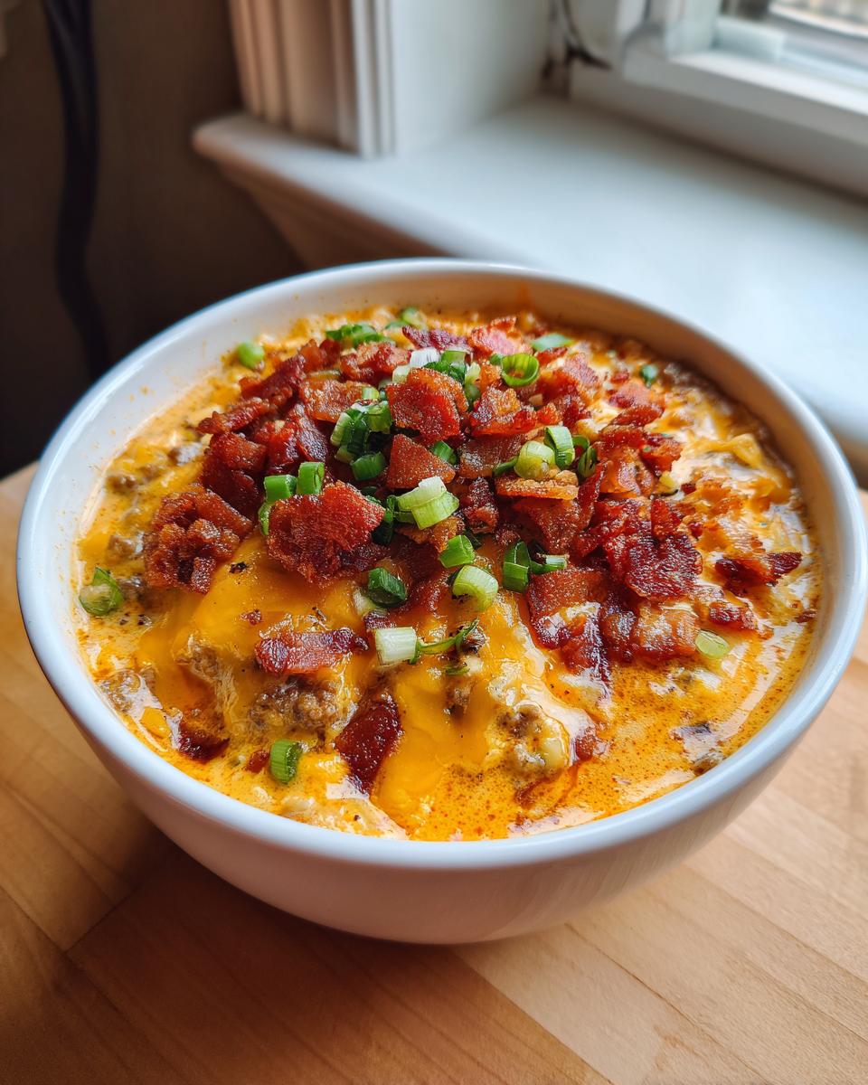 A bowl of rich, creamy cheeseburger soup topped generously with melted cheddar cheese, crispy bacon bits, and green onions.