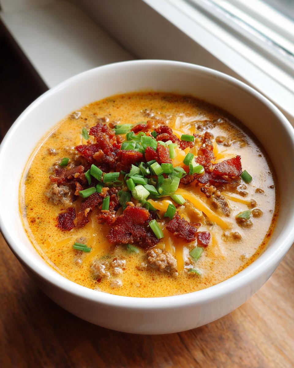 A close-up of a bowl of creamy cheeseburger soup recipe, topped with melted cheddar, crispy bacon bits, and fresh green onions.