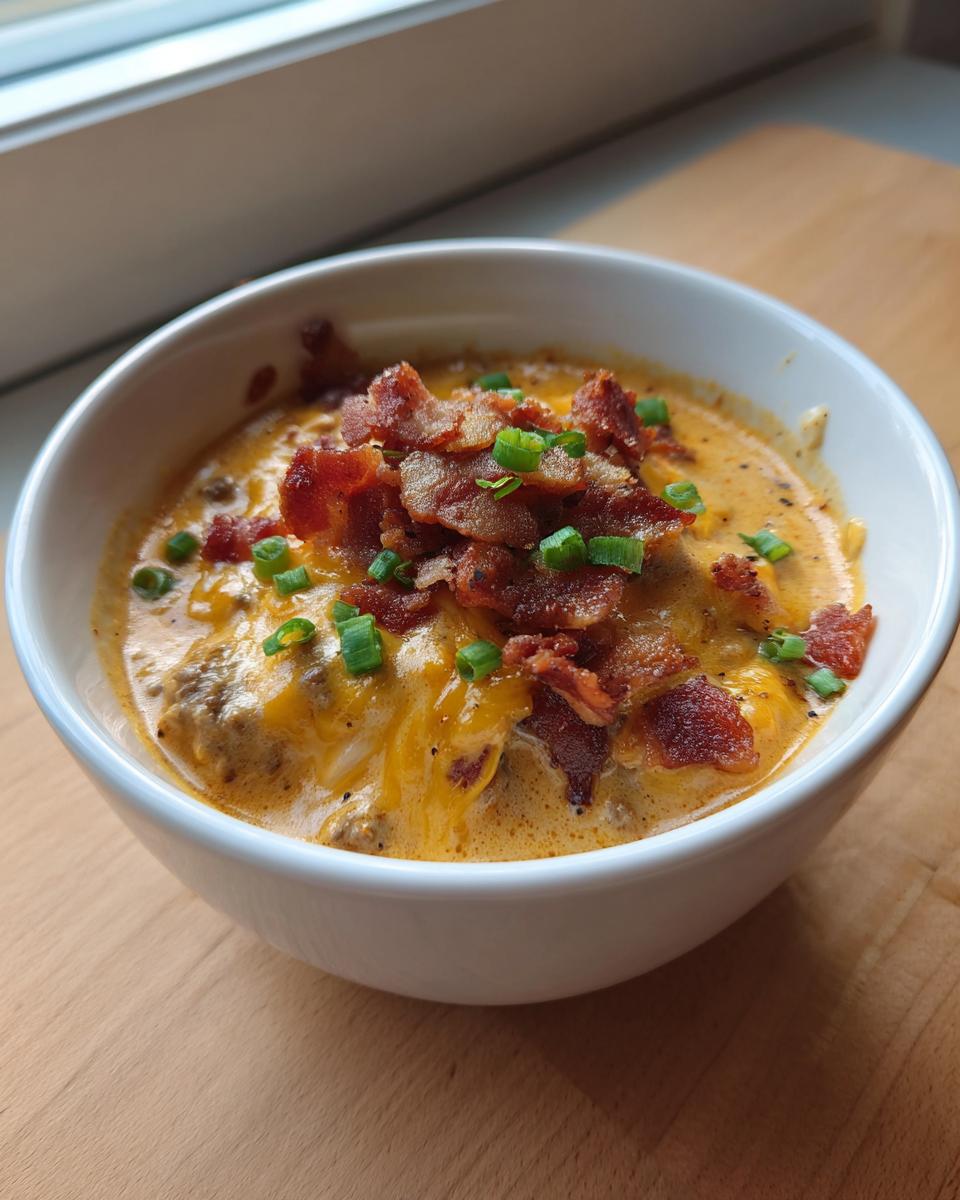 A close-up of a bowl of creamy cheeseburger soup recipe, topped generously with crispy bacon bits and chopped green onions.