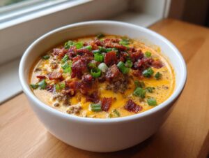 A close-up of a bowl of creamy cheeseburger soup recipe, topped generously with crumbled bacon and fresh green onions.