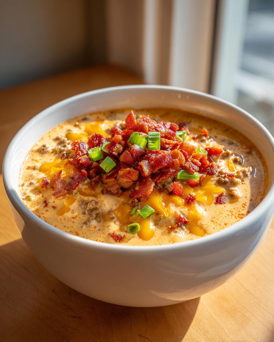 A close-up of a bowl of creamy cheeseburger soup recipe, topped generously with crumbled bacon and sliced green onions.