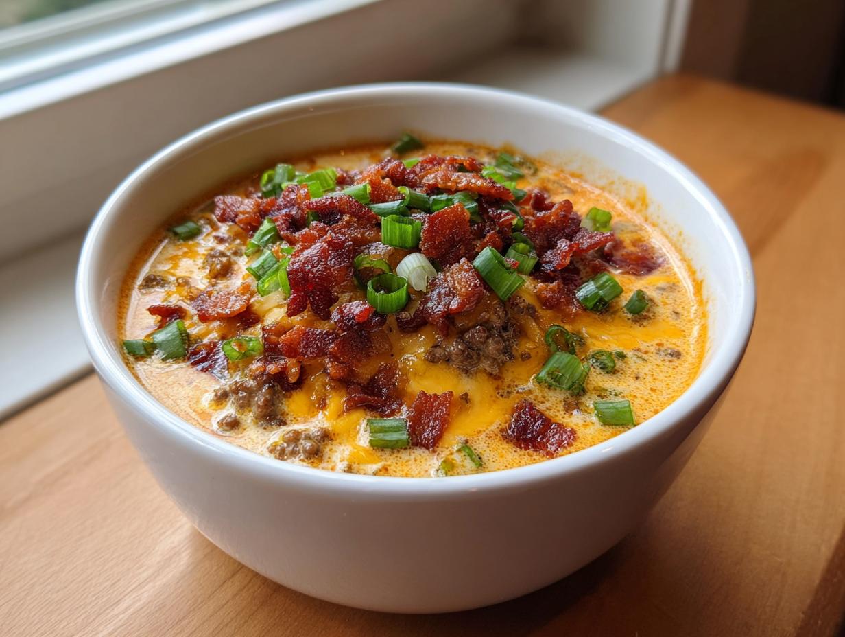 A close-up of a bowl of creamy cheeseburger soup recipe, topped generously with crumbled bacon and fresh green onions.