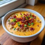 A close-up of a bowl of creamy cheeseburger soup recipe, topped generously with shredded cheddar, crumbled bacon, and sliced green onions.