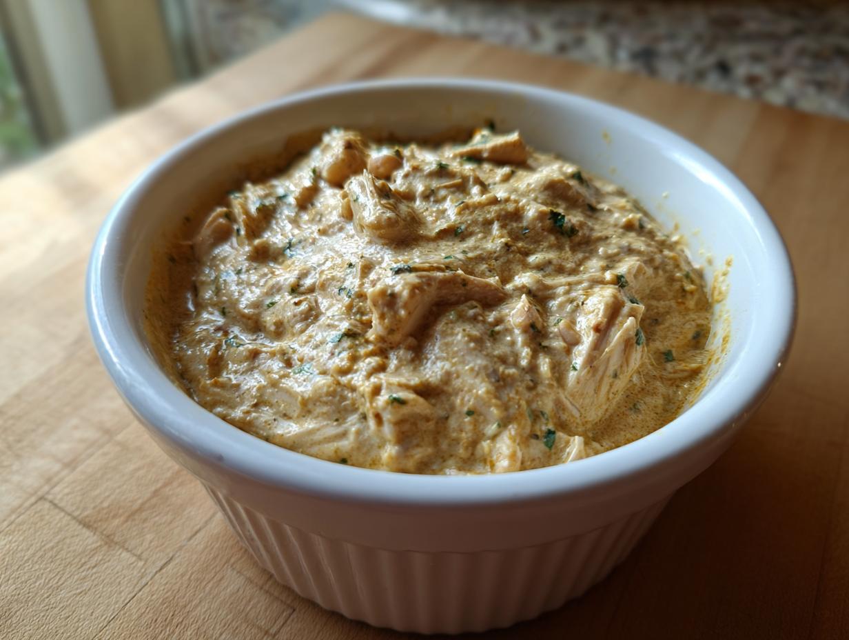 A close-up of creamy, seasoned chicken chili with visible chunks of chicken and herbs in a white bowl.