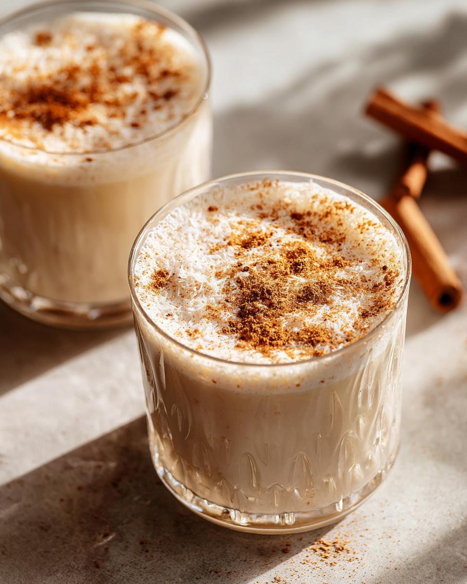 Two glasses of creamy Coquito topped with shredded coconut and cinnamon, with cinnamon sticks in the background.