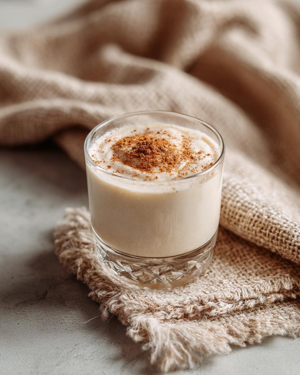 A glass of creamy Coquito topped with a dusting of cinnamon, served on a textured cloth.