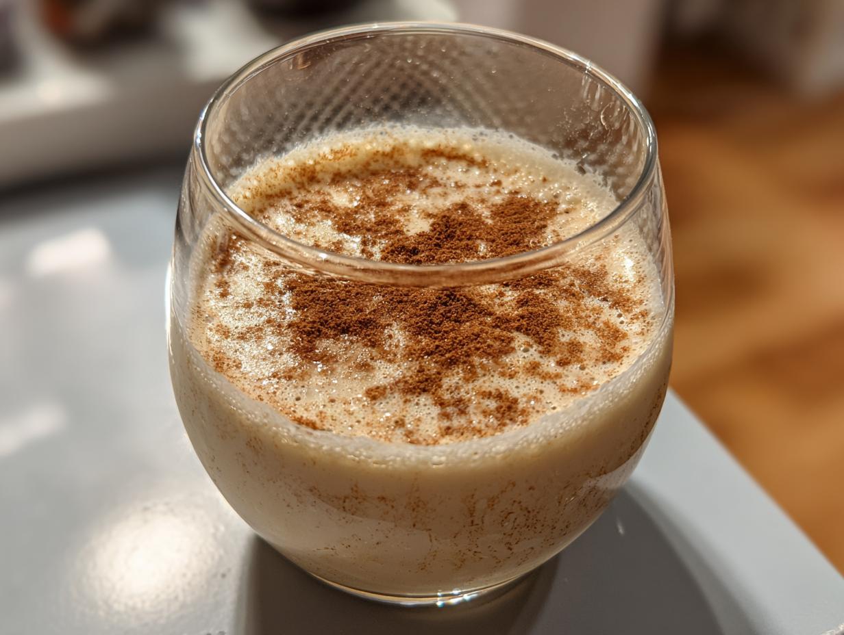 A close-up of a glass filled with creamy Coquito, topped with a generous dusting of cinnamon.