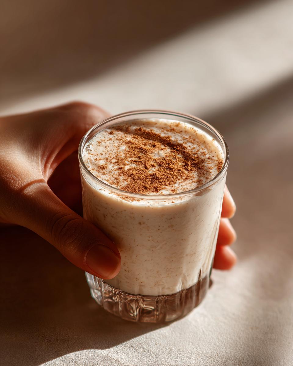A hand holds a glass of creamy Coquito topped with cinnamon powder.