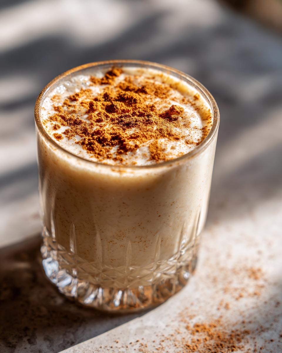 A close-up of a glass filled with creamy Coquito, topped with a generous dusting of cinnamon.