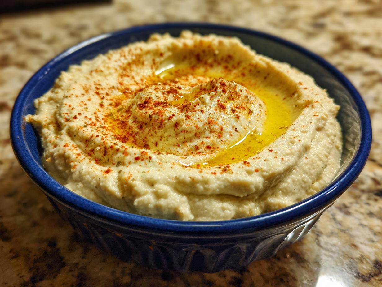 A close-up of creamy homemade hummus in a blue bowl, drizzled with olive oil and sprinkled with paprika.