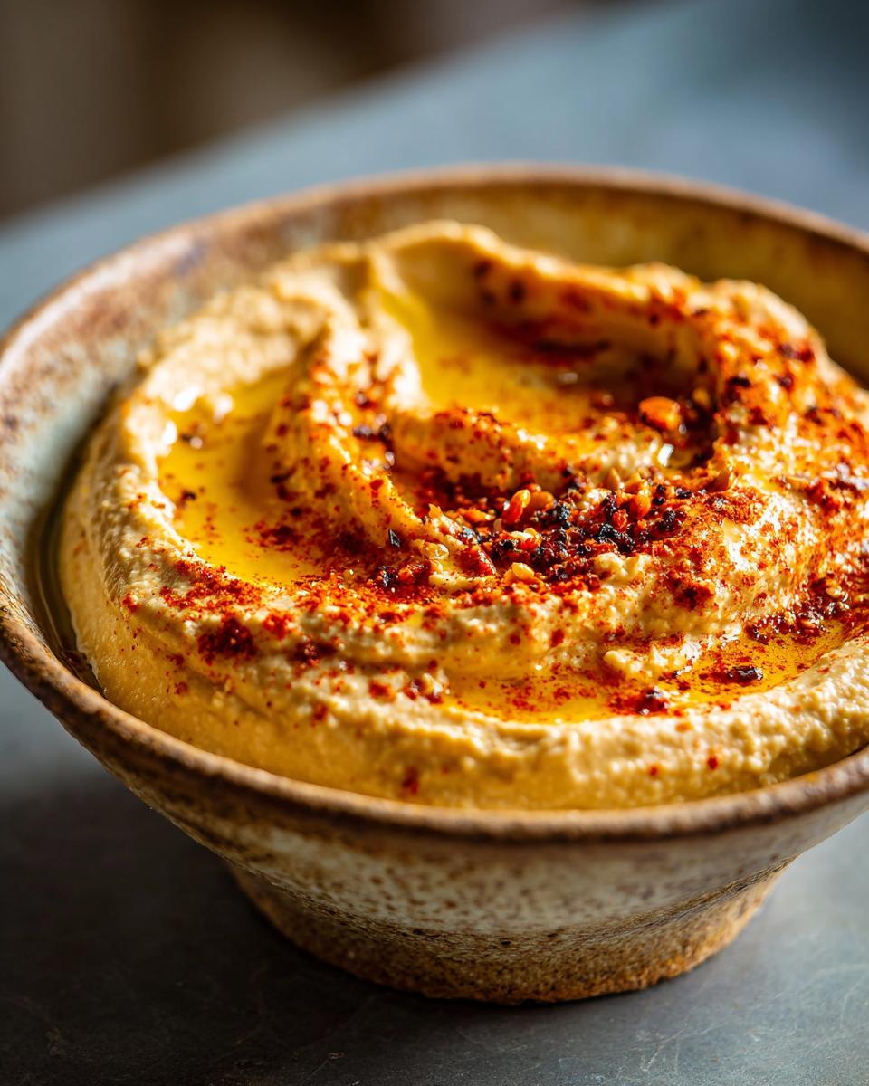 Close-up of creamy, freshly made hummus in a rustic bowl, drizzled with olive oil and sprinkled with paprika.