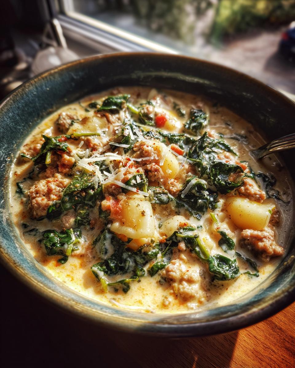 Close-up of a hearty bowl of creamy italian sausage soup, featuring sausage, spinach, and potato gnocchi, topped with Parmesan.