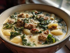 A close-up of a bowl of creamy Italian sausage soup featuring pasta shells, crumbled sausage, and dark green kale.