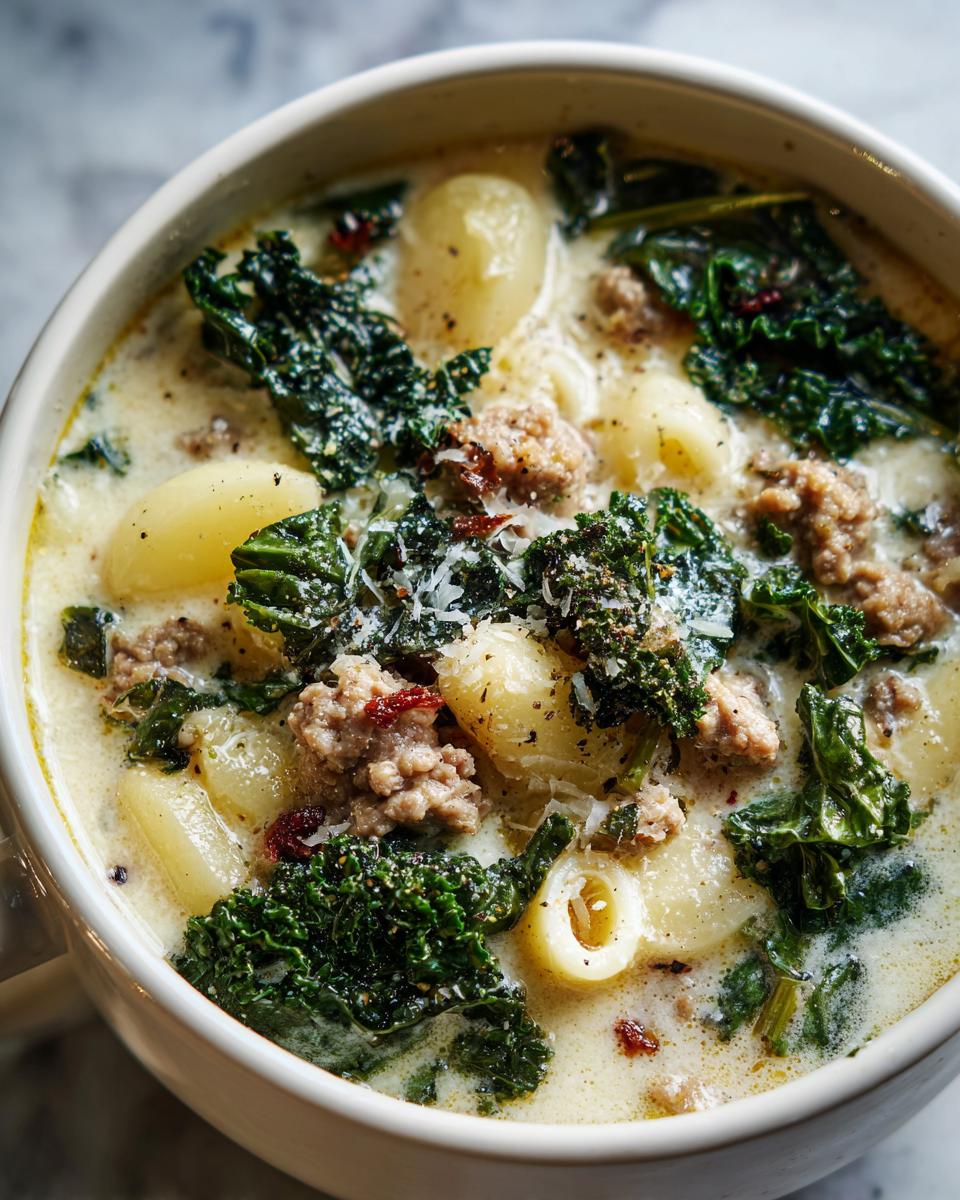Close-up of creamy Italian sausage soup featuring gnocchi, dark green kale, and grated cheese.