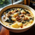 A close-up of a creamy bowl of Italian sausage soup featuring gnocchi, crumbled sausage, kale, and grated Parmesan cheese.