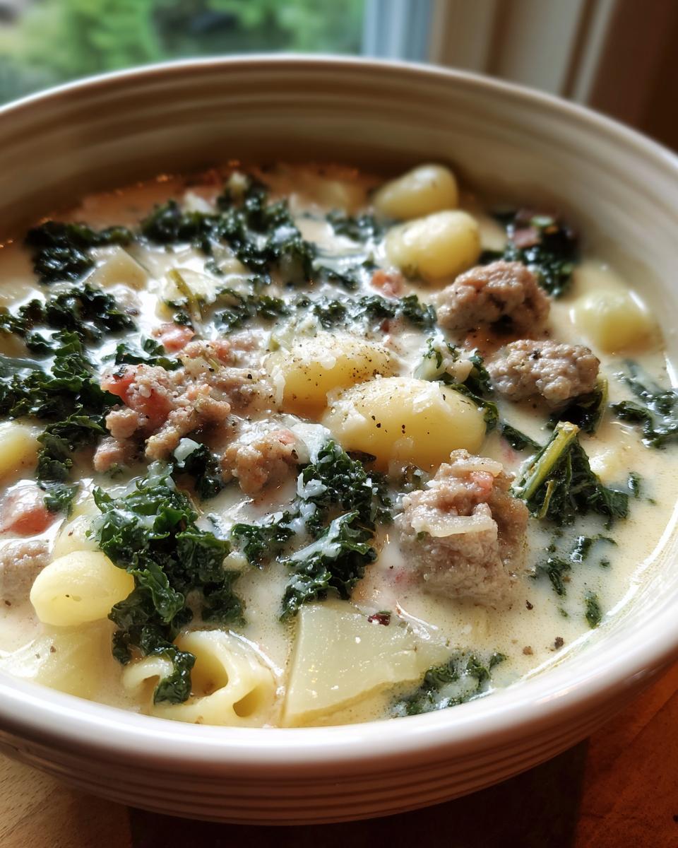 A close-up of creamy Italian sausage soup featuring chunks of sausage, gnocchi, and dark green kale.