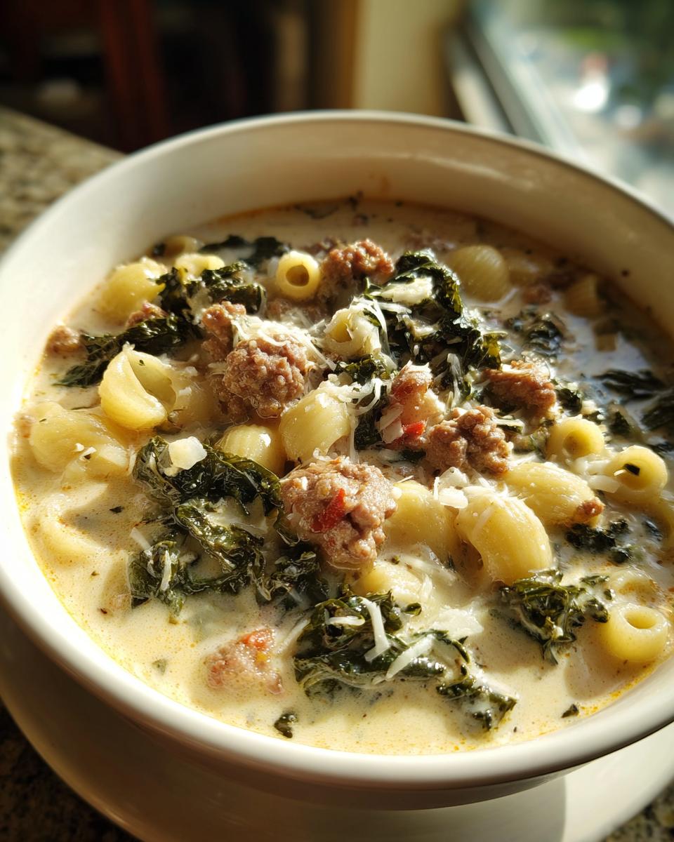 Close-up of a bowl of creamy Italian sausage soup featuring chunks of sausage, kale, and small pasta shells, topped with Parmesan.
