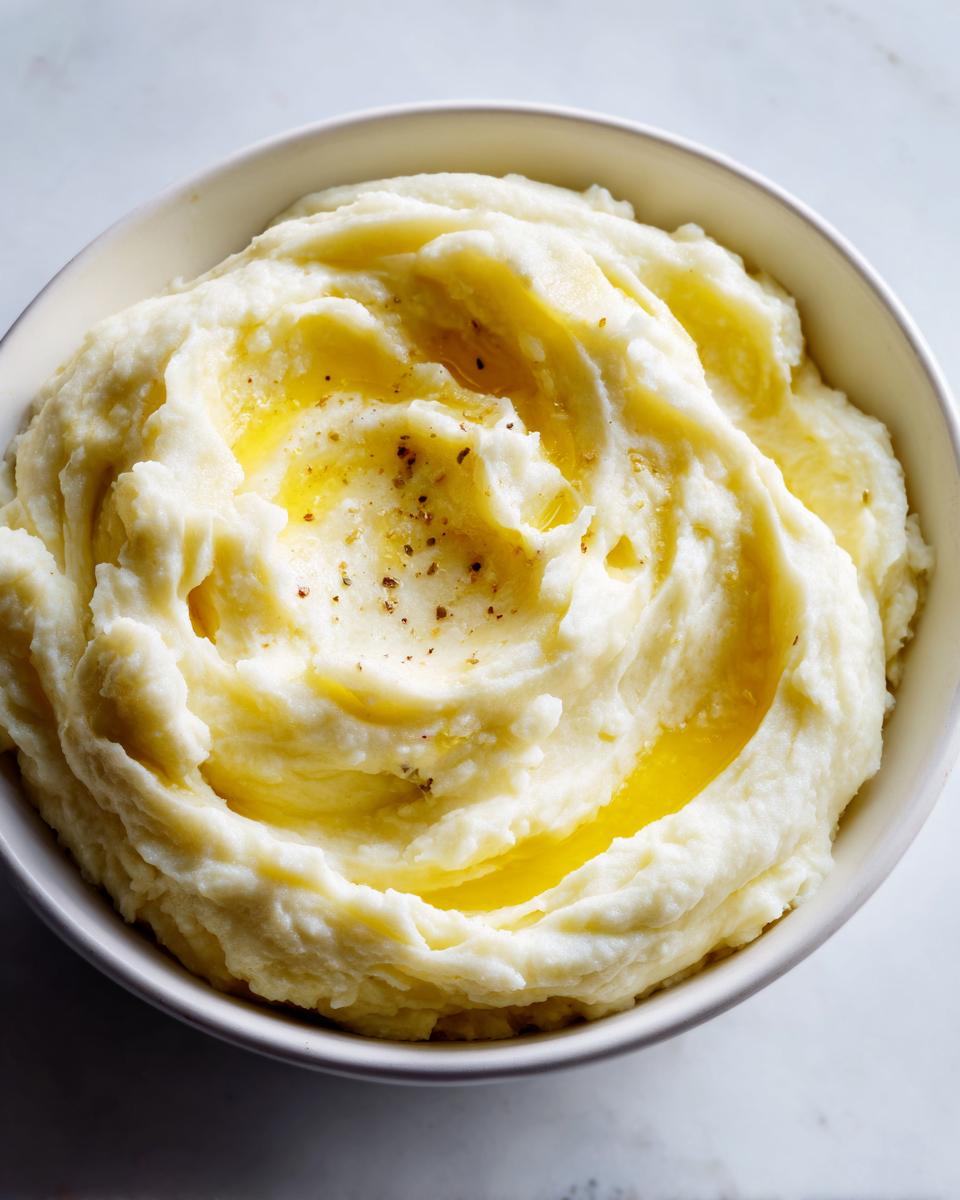Close-up of a bowl of fluffy mashed potatoes topped with melted butter and cracked black pepper.
