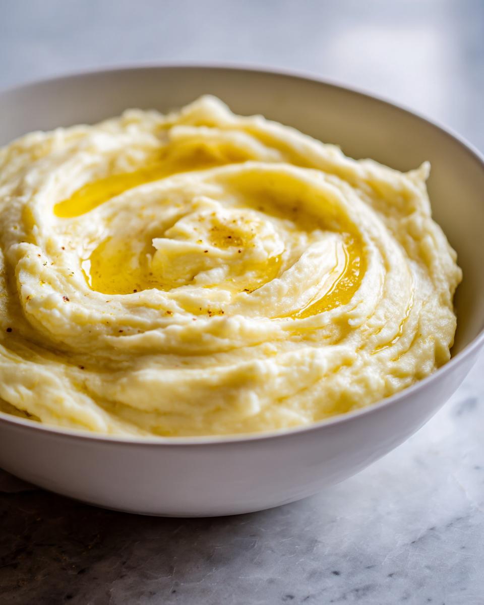 Close-up of a bowl of creamy mashed potatoes topped with melted butter and a sprinkle of seasoning.
