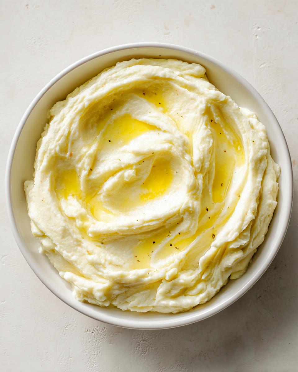 A bowl of creamy mashed potatoes topped with melted butter and a sprinkle of pepper.