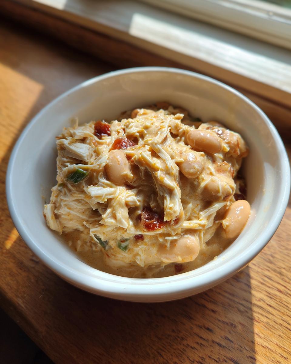 A close-up of creamy white chicken chili featuring shredded chicken, white beans, and sun-dried tomatoes in a white bowl.